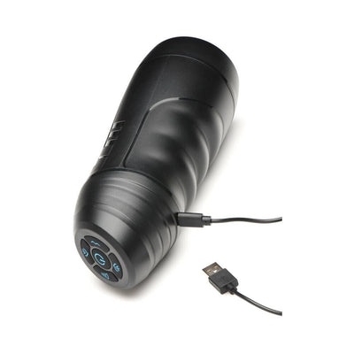 Black rechargeable vibrating and sucking male masturbator with USB charging cable and control buttons on the base.