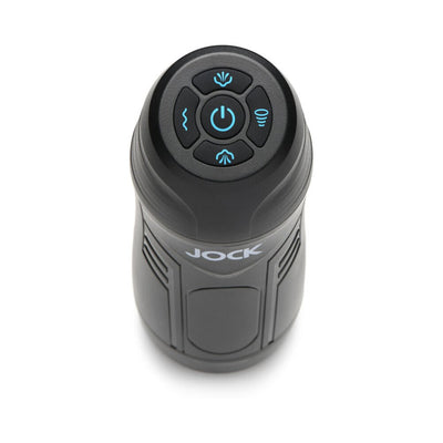 Top view of the black Jock 9x rechargeable sucking and vibrating masturbator with control buttons.