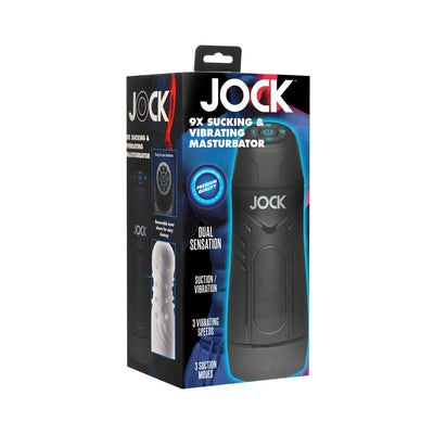 Packaging box of Jock 9x Sucking & Vibrating Masturbator in black with product image and feature highlights.