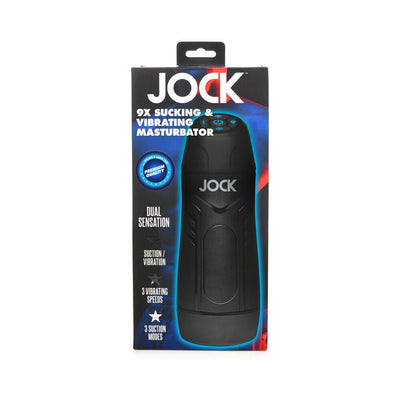 Packaging box of Jock 9x Sucking and Vibrating Masturbator in black with product features and image on front.