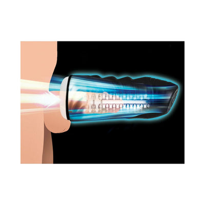 Illustration of a white and black vibrating and sucking male masturbator with textured inner sleeve in use.