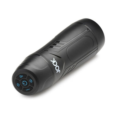 Black Jock 9x rechargeable sucking and vibrating male masturbator with control buttons on the base.