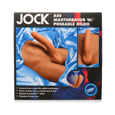 Packaging of Jock Ass Masturbator with poseable 7-inch dildo displayed on blue satin fabric background.