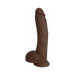 Chocolate brown realistic 10-inch dong with textured balls and suction cup base for hands-free use.