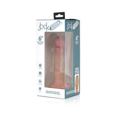 Jock Dual Density 6-inch silicone dildo in light tone with suction base displayed in retail packaging.