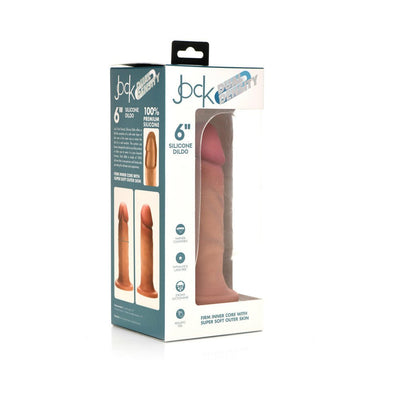 Jock Dual Density 6-inch silicone dildo in light tone with realistic texture and strong suction base in retail packaging.