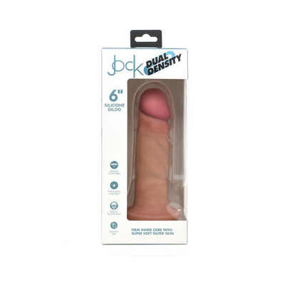 Jock Dual Density 6-inch silicone dildo in light skin tone with realistic texture in clear retail packaging.