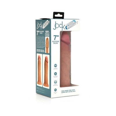 Jock Dual Density 7-inch silicone dildo in light tone displayed in packaging with product details and images.
