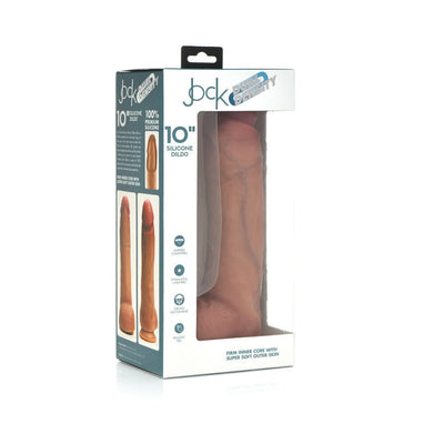 Jock Dual Density 10-inch silicone dildo with balls in light skin tone, displayed in branded packaging with product details.