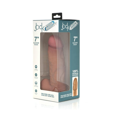 Jock Dual Density 7-inch silicone dildo with suction base in light skin tone, displayed in retail packaging.