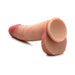 Realistic dual density silicone dildo with suction cup base and lifelike detailing in light skin tone.