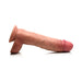 Realistic light-toned dual density silicone dildo with suction base and detailed texture, 9 inches long with balls.