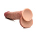 Realistic dual density silicone dildo with suction cup base and attached balls in light skin tone.