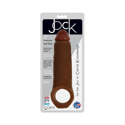 Vanilla beige 2-inch jock enhancer with ball strap in retail packaging by Curve Novelties.