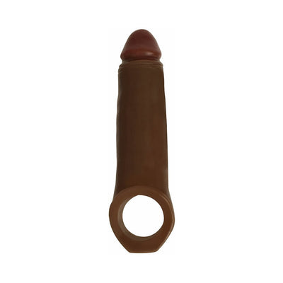 Brown realistic 2-inch penis extender sheath with integrated ball strap ring.