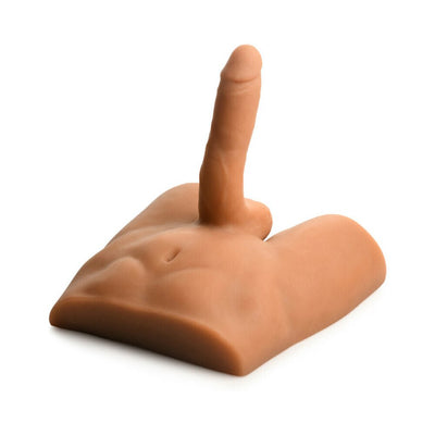 Medium jock male masturbator with posable 7-inch thrusting dildo and realistic torso design in skin tone.