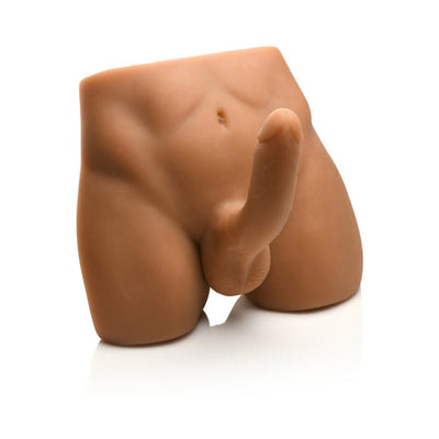 Realistic medium male torso masturbator with posable 7-inch thrusting dildo in skin tone on white background.