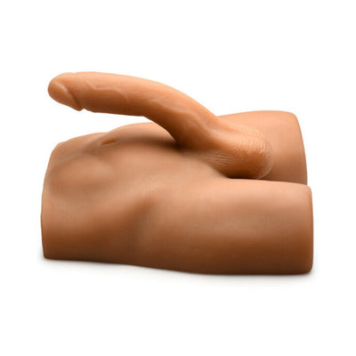 Posable male masturbator torso with 7-inch thrusting dildo in medium skin tone on white background.