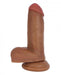 Medium brown realistic dildo with suction cup base and textured balls, 6 inches in length.