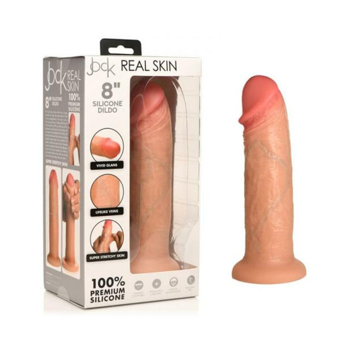 Realistic 8-inch light silicone dildo with lifelike texture and suction base shown next to its premium packaging box.