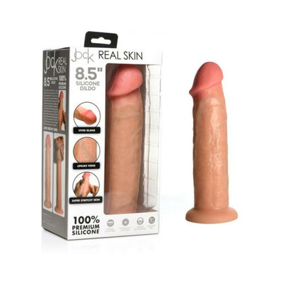 Realistic 8.5-inch light silicone dildo with lifelike veins and suction base next to its packaging box.