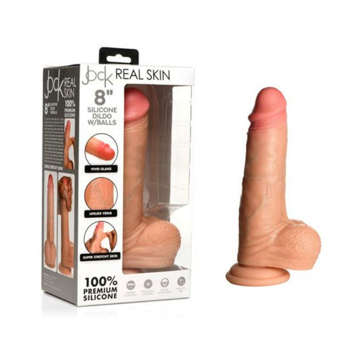 Realistic 8-inch light silicone dildo with balls and suction base shown inside and outside packaging.
