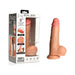 Realistic 8-inch light silicone dildo with balls and suction base shown inside and outside packaging.