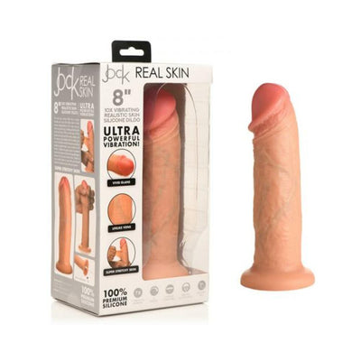 Realistic 8-inch vibrating silicone dildo with lifelike texture and suction base shown with packaging box.
