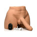 Realistic male torso masturbator with poseable dildo, remote control, and USB charging cable displayed on white background.