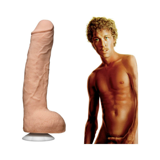 Beige 12-inch realistic adult toy with detailed texture and suction base, shown beside an illustrated male figure.