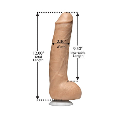 Realistic flesh-toned dildo with suction base, showing 12-inch total length, 9.5-inch insertable length, and 2.3-inch width measurements.