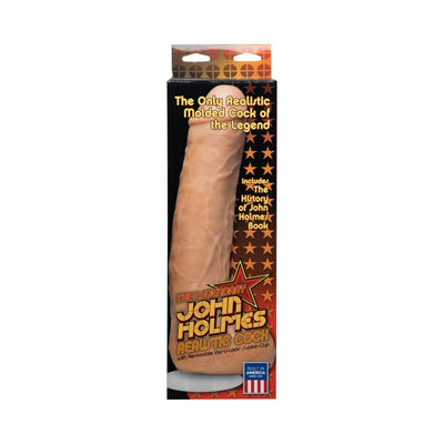 Packaging of John Holmes Realistic Cock featuring a detailed molded design and promotional text on a star-patterned background.