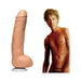 Realistic flesh-toned dildo with suction base displayed next to an illustrated shirtless man with curly hair.