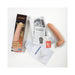 John Holmes realistic dildo with packaging, storage pouch, care guide, powder, and informational booklet on a white background.