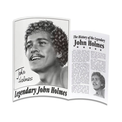 Open booklet featuring a black and white portrait and biography of legendary John Holmes.