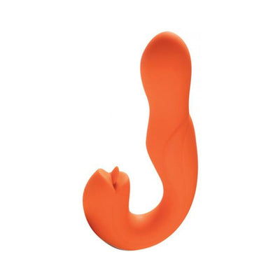 Orange dual-ended G-spot vibrator with rotating head and clitoral stimulator shaped like a licking tongue.