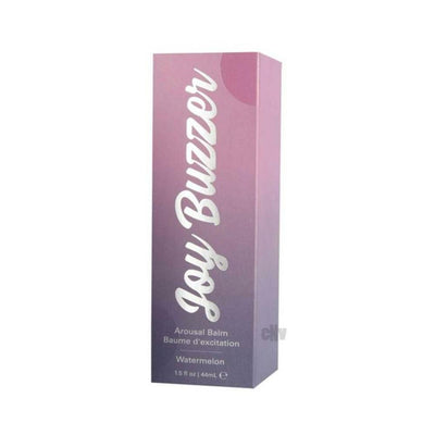 Joy Buzzer Watermelon flavored clitoral arousal balm in a pink to purple gradient box, 1.5 oz size.