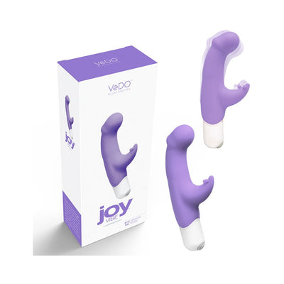 VeDO Joy Mini Vibe in orchid purple with curved G-spot stimulator and flexible clitoral tickler, shown with packaging.