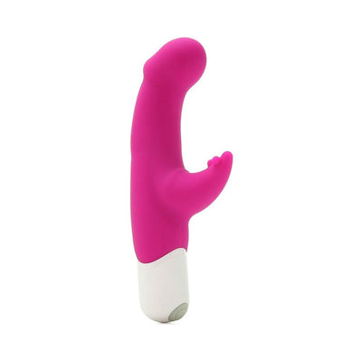VeDO Joy Mini Vibe in orchid pink with curved head and flexible clitoral stimulator, smooth silicone finish and white base.