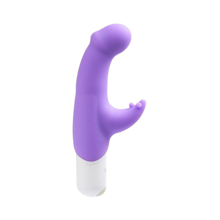 Purple silicone VeDO Joy Mini Vibe with curved G-spot stimulator and flexible clitoral tickler, white base control.