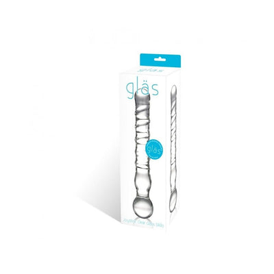 Clear glass dildo with spiral design and rounded end shown in white and blue packaging labeled gläs.