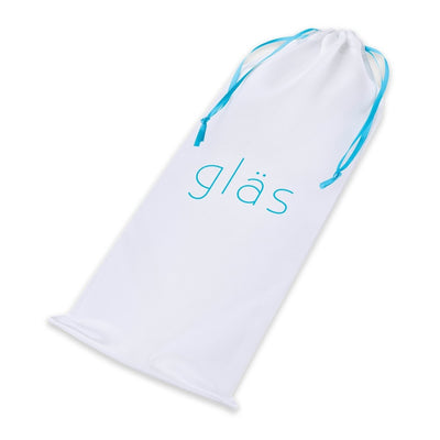 White drawstring storage pouch with blue "gläs" logo and blue ribbon ties for glass toy protection and discreet storage.