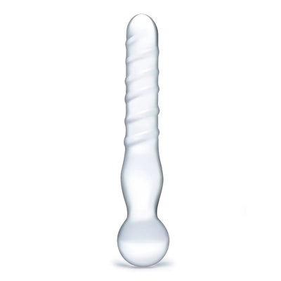Clear glass dildo wand with spiral texture and rounded bulb base for versatile stimulation.