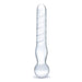 Clear glass dildo wand with spiral texture and rounded bulb base for versatile stimulation.