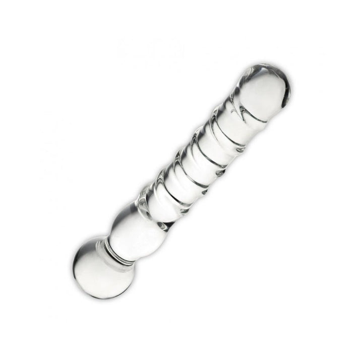 Clear glass dildo wand with a spiraled shaft and rounded ends for versatile anal and G-spot stimulation.
