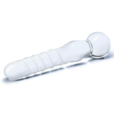 Clear glass dildo wand with a rounded bulb handle and textured spiral shaft for versatile stimulation.