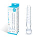 Clear glass dildo with spiral texture and rounded base next to its blue and white packaging box.