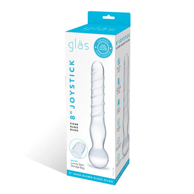 Packaging of the Joystick 8-inch clear glass dildo with textured design and luxury satin storage bag included.