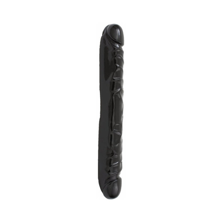 Black double-ended dildo with realistic texture and veining, measuring 12 inches in length.