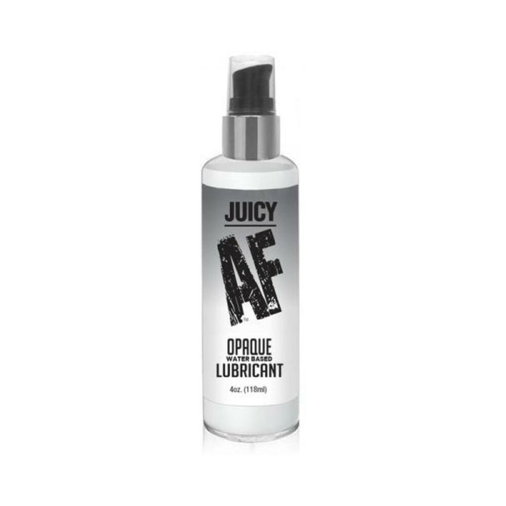 4 oz bottle of Juicy AF opaque water-based lubricant with black pump dispenser and bold black text on white label